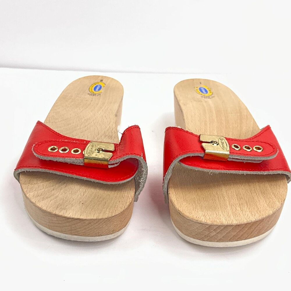 Vtg Dr. Scholl's Original Sandals Womens 8 Red Slide Wood Exercise Shoes Italy - Picture 6 of 11